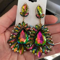 Multi-Color Crystal Drop Statement Earrings on Gold | Prom Earrings Gold Prom Earrings, Earrings Prom, Pageant Earrings, Gold Prom, Premium Jewelry, Boot Bling, Earrings Chandelier, Prom Earrings, Statement Drop Earrings