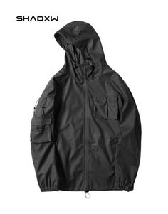 Japanese Techwear Jacket Casual Waterproof Windbreaker For Urban Adventures, Cyberpunk Black Windbreaker With Pockets, Waterproof Hooded Windbreaker For Urban Adventures, Techwear Long Sleeve Windbreaker For Hiking, Black Utility Jacket With Adjustable Hood For Streetwear, Tactical Nylon Windbreaker For Fall, Cyberpunk Long Sleeve Windbreaker With Pockets, Black Windbreaker With Pockets For Urban Adventures, Combat Style Long Sleeve Streetwear Outerwear