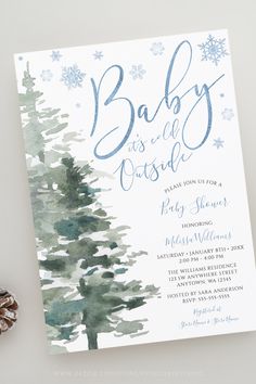 Winter Forest Blue It's Cold Outside Baby Shower Invitation Template