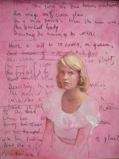 a painting of a woman's face and handwritten notes on pink paper with writing underneath