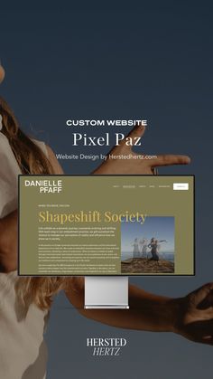 a woman holding her hands out in front of a computer screen with the words, shapeshift society on it