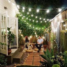 two people sitting on chairs in an outdoor area with lights strung over the back yard