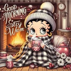 a painting of a girl drinking coffee in front of a fireplace with the words good morning, stay warm