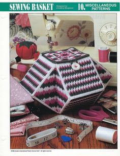 a magazine cover with sewing supplies on the table and in front of it is an image of a quilting basket