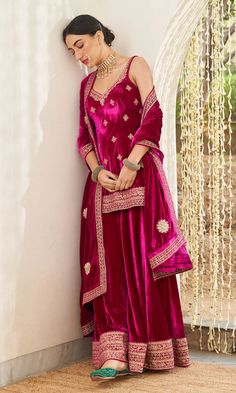 Rani Colour Lehnga, Rani Colour Suit, Rani Pink Suit, Rani Pink Dress, Velvet Sharara Suit, Pink Suits, Gota Embroidery