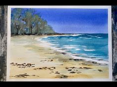 a watercolor painting of a beach with trees on the shore and blue sky in the background