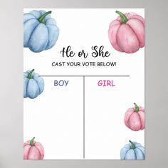 Boy or Girl. Watercolor Pink and Blue Pumpkins gender reveal party. Matching items available. Pink And Blue Pumpkins Gender Reveal, Gender Reveal Ideas For Party Theme Fall, Pumpkin Gender Reveal Decorations, Gender Reveal Pumpkin Theme, Fall Gender Reveal Party, Baby Shower Reveal Ideas