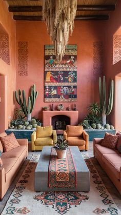 a living room filled with lots of furniture next to a fire place covered in potted plants