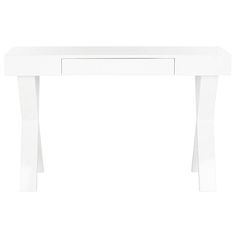 a white desk with two legs and a drawer