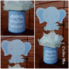 there are three pictures of an elephant in a cup with tissue paper on the top