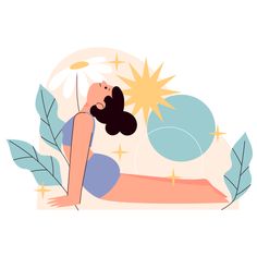 a woman laying on her back with the sun above her head and leaves around her