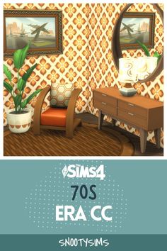 an image of a room with a mirror and furniture in it, the text reads sims 70's era cc