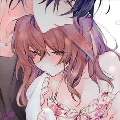 two anime characters are hugging each other in front of a white background with purple and pink flowers