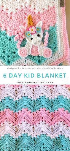 the crocheted blanket is made with pink, blue and green yarn