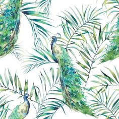 a watercolor painting of peacocks and palm leaves on a white background seamless wallpaper