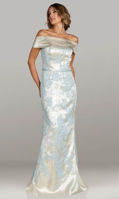 Gia Franco 12440 - Embroidered Straight Across Evening Gown Mother of the Bride Dresses 2 / Blue Gold Blue Mother Of The Bride, Belted Long Dress, Straight Across Neckline, Evening Gowns With Sleeves, Plastic Dress, Exquisite Gowns, Mother Of Groom Dresses, Groom Dresses, Mother Of The Bride Dress