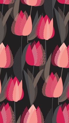 pink tulips on black background with dots and lines in the center, seamlessly