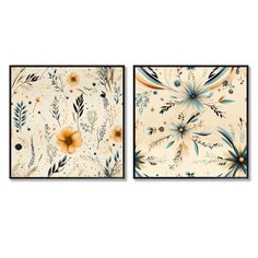 two paintings with flowers and leaves on them