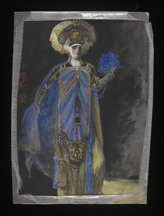 a painting of a woman dressed in blue and gold, holding a bouquet of flowers