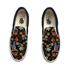 Custom Black Vans Slip On Sneakers with a pattern inspired by embroidery. PLEASE NOTE, THESE SHOES ARE CUSTOM PRINTED, NOT EMBROIDERED. We source each pair of shoes BRAND NEW from the Vans retail store. The ink is permanent and will never come off. Made in the USA. This price includes everything: shoes, artwork, and shipping. Sizes listed are in US sizing scale. If you have any issues with your order, please feel free to reach out to us and we will be more than glad to help you! Note: Blvd Custo Hummingbird Patterns, Hummingbird Embroidery, Shoes Artwork, Navy Vans, Vans Authentic Shoes, Vans Slip On Shoes, Halloween Shoes, Nike Converse, Fashion Embroidery