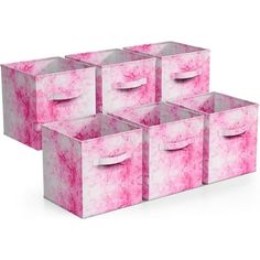 six pink storage boxes with handles on each side