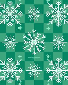 several snowflakes on a green and white checkerboard background, all in different sizes