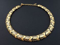 Monet Gold Choker, Vintage Jewelry, Adjustable Collar Necklace, Chevron Zig Zag Design, Heavy Choker, 80s Necklace, Brushed Serpentine Links by IridiumJewelry on Etsy Retro Gold Jewelry With Adjustable Chain, Retro Gold Choker Necklace, Gold Retro Choker, Retro Gold Necklace With Adjustable Chain, Retro Gold Metal Chain Necklace, Retro Gold Chain Necklace, Retro Gold Chain Necklace For Formal Occasions, Gold Retro Chain Necklace For Formal Occasions, Zig Zag Design