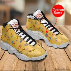 Winnie The Pooh Yellow Personalized Name Air Jd13 Sneakers Custom Shoes Lightweight construction with breathable mesh fabric provides a comfortable and flawless fit. Jordans Custom, Jordans 13, Jordan 13 Shoes, Air Shoes, Disney Shoes, Shoes Custom, Shoes Air, Jordan 13, Sports Training