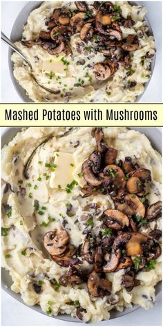 mashed potatoes with mushrooms and parsley in a white bowl on top of the mashed potatoes