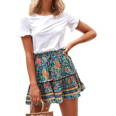 Boho Skirt Casual Floral Print Skirt For Vacation, Casual Skort For Summer, Casual Skirted Skort For Summer, Casual Vacation Skirt, Summer Beach Flared Skort, Beach-ready Summer Skort With Flared Skirt, Flared Skort For Beach In Summer, Casual Spring Skirt For Vacation, Casual Vacation Flowy Skirt