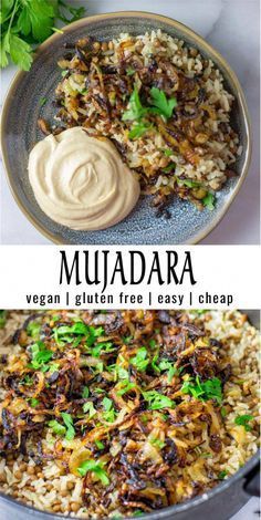 two pictures with different types of food in them and the words muadara written below