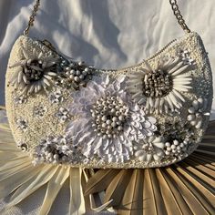 Perfect Condition, Nwt, Brand New! Moon Shape, Intricate Beaded Flower Detail! Top Zipper, Silver Shoulder Strap! The It Summer Bag! Viral Handmade Beaded Bag Summer Beige Embellished Shoulder Bag, Elegant Embellished Shoulder Bag For Summer, Summer Wedding Embellished Bag, Embellished Wedding Bags For Summer, Summer Wedding Embellished Bags, White Embellished Bags For Summer, White Embellished Summer Bags, Summer White Embellished Bags, White Wedding Shoulder Bag For Summer