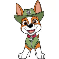 a cartoon dog wearing a fireman's hat and green shirt with a red collar