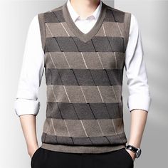 Trendy Fashion Men Knitted Vest Sweater Jumper Sleeveless Tank Tops V Neck Check Gilet, Fashion Mens winter Coats jacket Waistcoat Sweater, Waistcoat Men, Sweater Vest Mens, Mens Fur, Mens Winter Coat, Sweater Jumper, Mens Khakis, Vest Fashion, Mens Winter Fashion