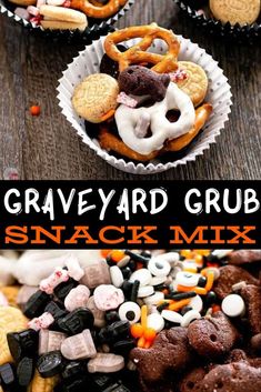 an assortment of halloween treats and snacks in paper cups with the title graveyard grub snack mix