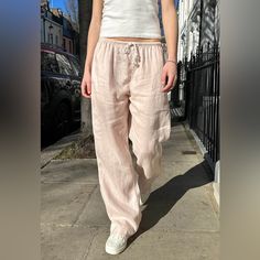 Wide Leg Fit Pants With A Drawstring Waist, And Side Pockets. Fabrics: 100% Linen Measurement: 11" (28 Cm) Rise, 28" (71 Cm) Inseam, 26" (66 Cm) Waist (Stretches) Made In: China Casual Pink Linen Pants, Pink Linen Bottoms For Spring, Pink Brandy Pants, Pink Linen Pants With Pockets, Brandy Pink Linen Pants, Pink Brandy Linen Pants, Pink Linen Straight Pants, Pink Relaxed Fit Linen Pants, Pink Relaxed Fit Linen Bottoms