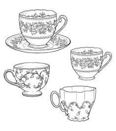 three tea cups and saucers with floral designs