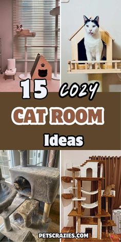 "Image showcases four cozy cat room ideas with the text '15 Cozy Cat Room Ideas' in bold. Featured setups include a sleek modern cat tree paired with a wooden house, a minimalist wooden cat perch with a black-and-white cat, a plush gray multi-level cat condo, and a tall, luxurious multi-tier climbing structure with hammocks and hideouts. These designs highlight functional and stylish spaces to pamper cats, offering comfort, play opportunities, and aesthetic appeal for modern homes." Ideas For Cat Rooms, Cat Area In Apartment, Cat Area In House, Cat Apartment Ideas, Cat Room Ideas Small Spaces, Cat Feeding Area, Cat Tree Ideas