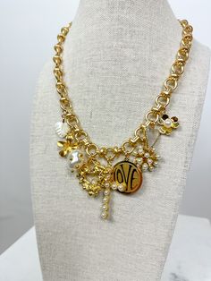 Knotty Bling - N692 Luxury Gold-tone Necklace With Charms, Luxury Gold-tone Elegant Charm Necklaces, Luxury Gold-tone Tarnish Resistant Charm Necklaces, Elegant Gold-tone Link Charm Necklaces, Luxury One-of-a-kind Pendant Beaded Necklace, Gold-plated Rhinestone Necklace With Adjustable Chain, Vintage Jewelry Repurposed, Vintage Repurposed, Repurposed Jewelry