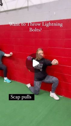 two people doing squats in front of a red wall with the words, want to throw lightning bolts?