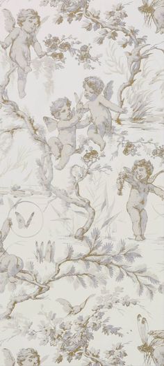 an artistic wallpaper with cherubs and flowers