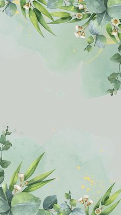 watercolor painting with green leaves and flowers on the bottom right corner is an empty space for text