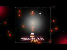 a happy birthday card with a cake and hearts in the dark night sky, surrounded by red lights