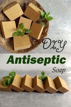 an image of soap with green leaves on it and the words diy antiseptic soap