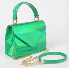 "Dimensions: 6.5\"W x 5\"H x 3\"D  * Gold Hardware  * Detachable Strap * Holographic" Green Crossbody Party Bag, Green Crossbody Party Bags, Green Crossbody Bags For Party, Green Crossbody Box Bag For Party, Trendy Green Box Bag For Party, Green Shoulder Bag For Party, Holographic Bag, Star Darlings, Sling Bags