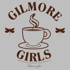 a cup of coffee with the words glimmore girls in brown on a gray background