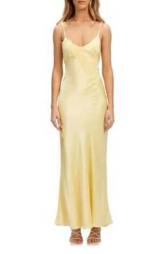 Fitted Lace Back Slip Dress For Formal Occasions, Formal Fitted Slip Dress With Lace Back, Sleeveless Slip Dress With Lace Back, Yellow Bridesmaid Dresses, Prom Dress Inspiration, Canary Yellow, Grad Dresses, Dreamy Dress, Satin Maxi