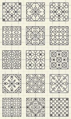 the different patterns used in quilting are shown on lined notebooks, with black ink