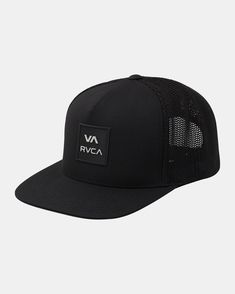 The RVCA All The Way Tech Trucker Hat combines coverage and breathable comfort in one. Made from poly stretch fabric with a structured front panel, this men's trucker hat features a moisture-wicking sweatband, 5-panel construction, mesh backing, snapback closure and RVCA VA logo embroidery. Features Fabric: Dobby fabri Graphic Hats, Va Logo, Trucker Hat Black, Snap Back Cap, Mens Trucker Hat, Rvca Mens, Snap Back, White Brand, Snap Backs