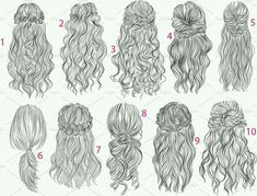 the step by step instructions to draw curly hair in different styles and colors, including long curls